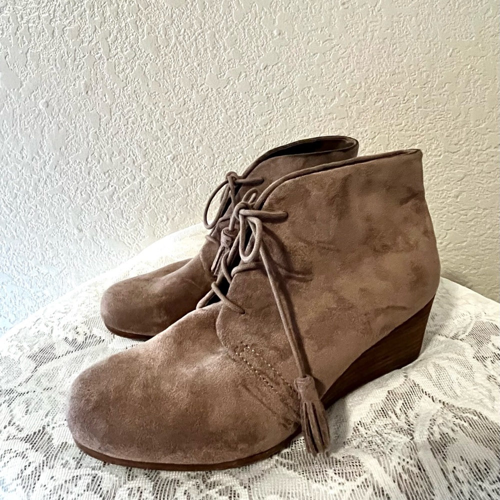 Never worn tan suede wedge booties. Size 10
